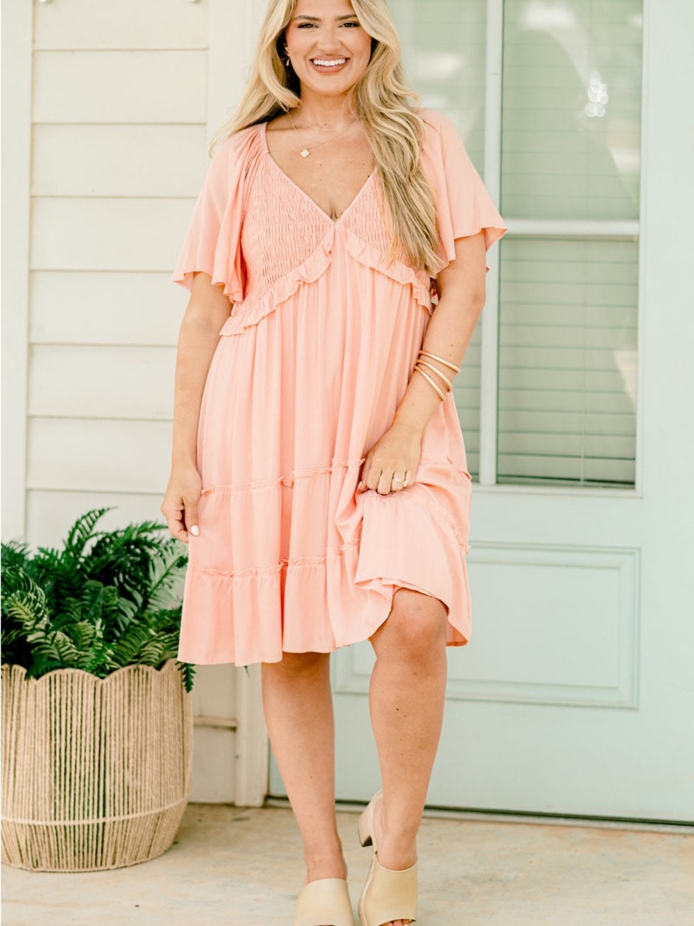 Heyson Pink Smocked V-Neck Flutter Sleeve Dress Size L